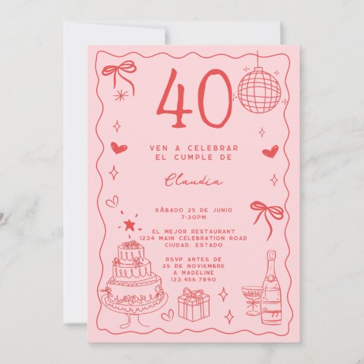スペイン風レトロなおしゃれな赤とピンクの40歳の誕生日 招待状 (正面)