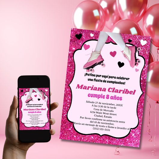 スペイン風レトロピンクのグリッター スケートガール誕生日 招待状