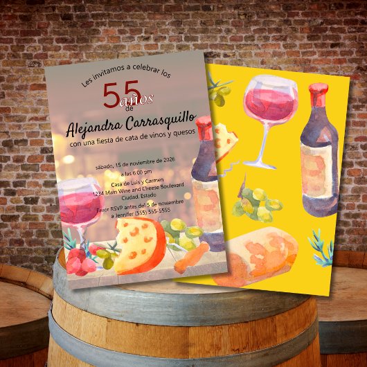 スペイン風ワイン＆チーズ試飲パーティー おしゃれな55歳の誕生日 招待状