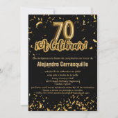 スペイン風格調ブラック＆ゴールドの紙吹雪 70歳の誕生日 招待状 (正面)