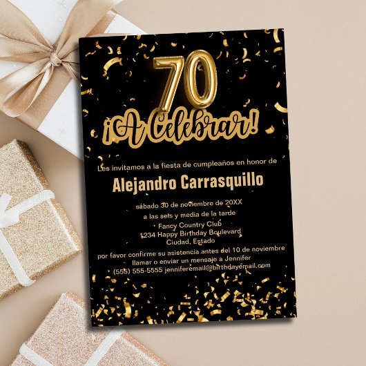 スペイン風格調ブラック＆ゴールドの紙吹雪 70歳の誕生日 招待状