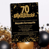 スペイン風格調ブラック＆ゴールドの紙吹雪 70歳の誕生日 招待状
