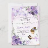 スペイン風紫のバラの少女がひざまずく第一次聖体拝領 招待状 (正面)