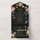 スペイン風花をあしらったダーク&ムーディな結婚式のイニシャル オールインワン招待状 (内側)