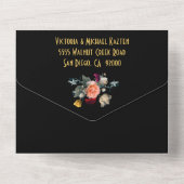 スペイン風花をあしらったダーク&ムーディな結婚式のイニシャル オールインワン招待状 (裏面)
