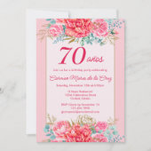 スペイン風70歳誕生日パーティー ピンクコーラルフラワーズ 招待状 (正面)