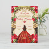 スペイン風 ブライトレッド フラワー ラスティックウッド キニセアニエラ 招待状 (スタンド正面)