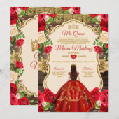 スペイン風 ブライトレッド フラワー ラスティックウッド キニセアニエラ 招待状 (正面/裏面)