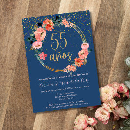 スペイン風 美しいゴールドの花の55歳の誕生日パーティー 招待状