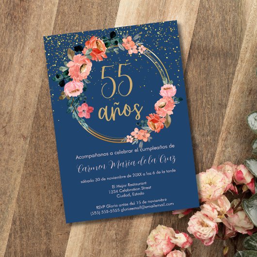 スペイン風 美しいゴールドの花の55歳の誕生日パーティー 招待状