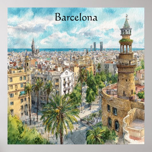 スペイン カタルーニャ バルセロナの街並み 油絵 ポスター (正面)