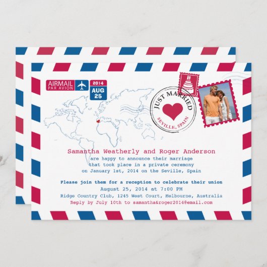 スペイン・セビリア　航空郵便式挙式後パーティーのお知らせ 招待状 (正面/裏面)