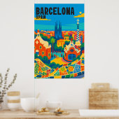 スペイン バルセロナのカラフルな空中ビュー 旅行 ポスター (キッチン)