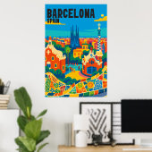 スペイン バルセロナのカラフルな空中ビュー 旅行 ポスター (ホームオフィス)