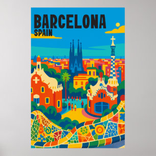 スペイン バルセロナのカラフルな空中ビュー 旅行 ポスター