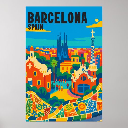スペイン バルセロナのカラフルな空中ビュー 旅行 ポスター (正面)