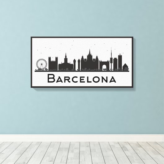 スペイン,バルセロナ |ブラック&ホワイトシティのスカイライン キャンバスプリント (インサイチュ (ウッドフロア))