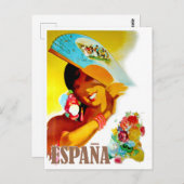 スペイン、ファンの後ろの女性、ヴィンテージ旅行はがき ポストカード (正面/裏面)