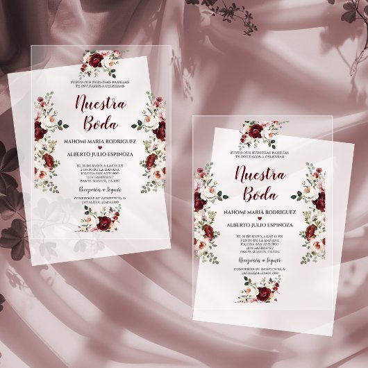 スペイン ブルゴーニュピンクの花 Nuestra Boda アクリル招待状