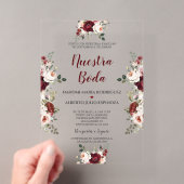 スペイン ブルゴーニュピンクの花 Nuestra Boda アクリル招待状 (インサイチュ (ポータブル))