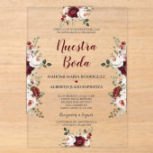 スペイン ブルゴーニュピンクの花 Nuestra Boda アクリル招待状 (正面)