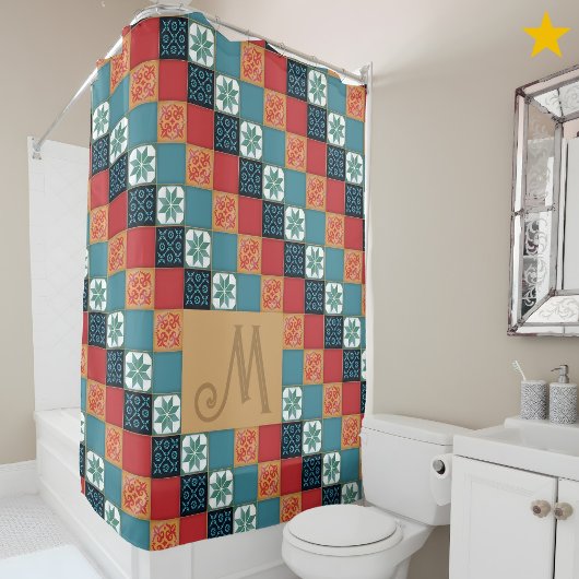 スペイン ポルトガル azulejos タイル モノグラムイニシャル シャワーカーテン