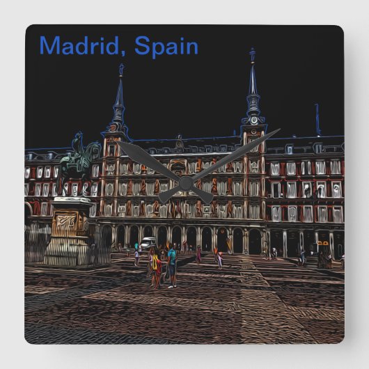 スペイン，マドリードの広場のネオンアート スクエア壁時計 (正面)