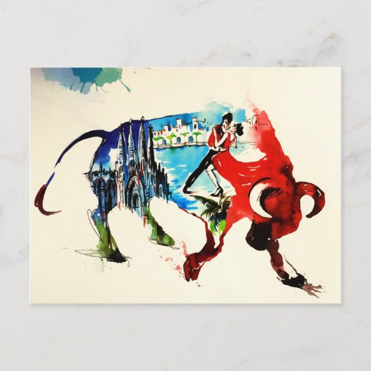 スペインBullのヴィンテージ旅行愛水彩画 ポストカード (正面)