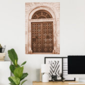 スペインOld Quarter Barcelonaの木製ドア ポスター (ホームオフィス)