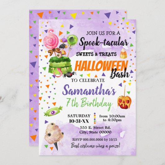 スペクタキュラーなお菓子とトリート ハロウィン 誕生日 招待状 (正面/裏面)