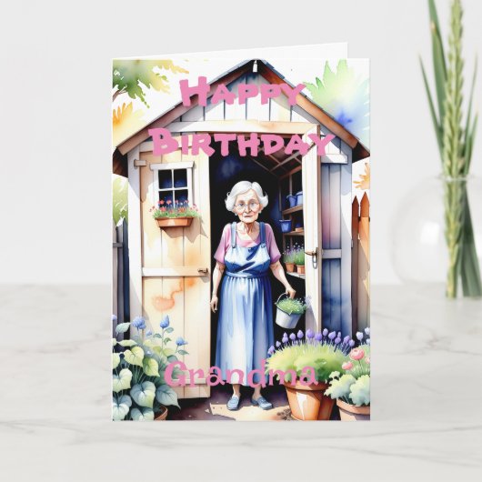 スペシャルおばあちゃん かわいい庭の花の小屋の誕生日 カード (正面)