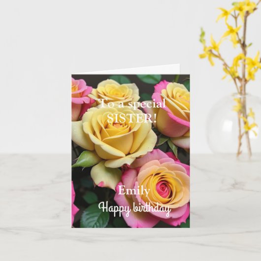 スペシャルシスターピンクイエローローズ誕生日 カード (黄色い花)