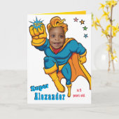 スペシャルスーパーヒーローアメージング飛んでいるフォト誕生日 カード (黄色い花)