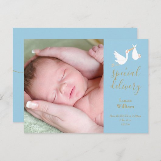 スペシャルデリバリストーク男の赤ちゃんフォトブルー誕生 案内ポストカード (正面/裏面)