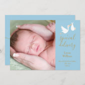 スペシャルデリバリストーク男の赤ちゃんブルーフォト誕生 案内状 (正面/裏面)