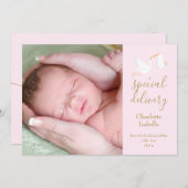 スペシャル・デリバリー・ストーク・ベビーガール写真ピンク誕生 案内状 (正面/裏面)