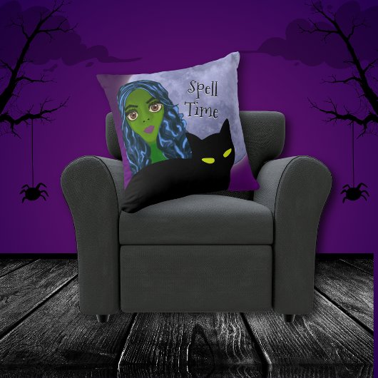 スペルタイムグリーンウィッチブラックキャットブルーフルムーン クッション