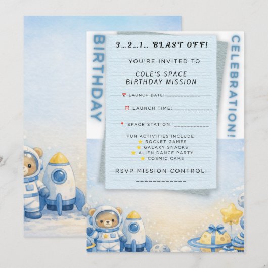 スペースアドベンチャー誕生日招待状 – かわいい宇宙飛行士 招待状 (正面/裏面)