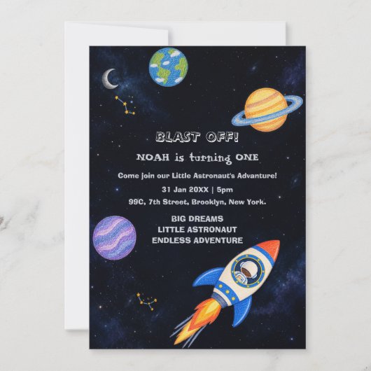 スペースアドベンチャー1歳の誕生日招待状 招待状 (正面)
