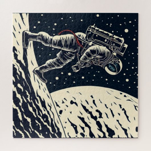 スペースウォークのSF宇宙飛行士 – Woodcut (1) ジグソーパズル (横)
