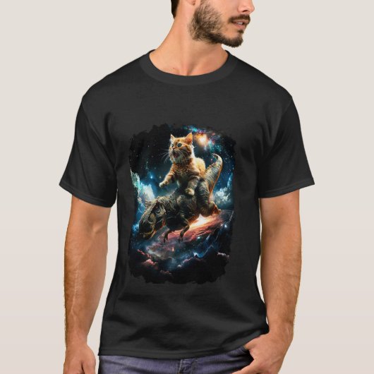 スペースキャットが恐竜ティレックスに乗る 2 Tシャツ (正面)