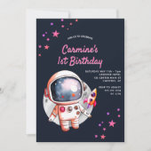 スペーススターズロケットシップガールズ1歳の誕生日 招待状 (正面)