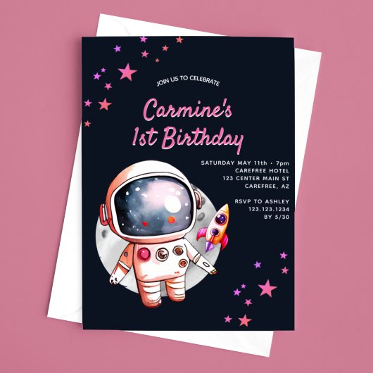 スペーススターズロケットシップガールズ1歳の誕生日 招待状