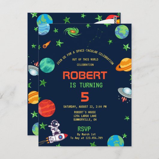 スペースタキュラー・セレブレーション　バースデー・招待状 ポストカード (正面/裏面)