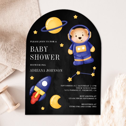 スペーステディベア宇宙飛行士ブラックベイビーシャワー 招待状