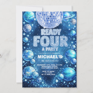 スペースディスコ4歳誕生日 パーティーの準備はできている READY FOUR A PARTY 招待状