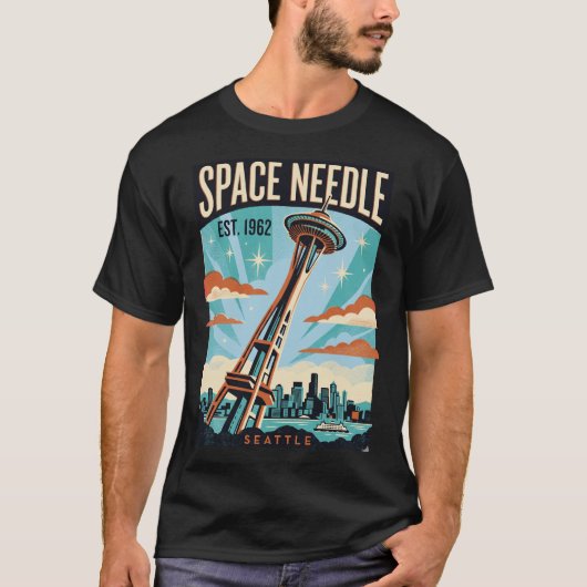 スペースニードル シアトル レトロな旅行ポスター 7 Tシャツ (正面)