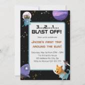 スペースバースデーパーティー、1歳の誕生日 招待状 (正面)