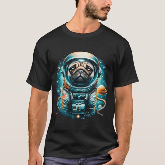 スペースパグ:月を征服したパグ Tシャツ (正面)