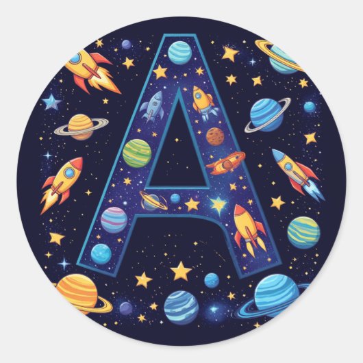 🚀 スペースレターAロケット惑星星キッズ 🚀 ラウンドシール (正面)
